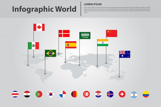 Mapa do mundo do país infográfico, bandeiras do mundo internacional