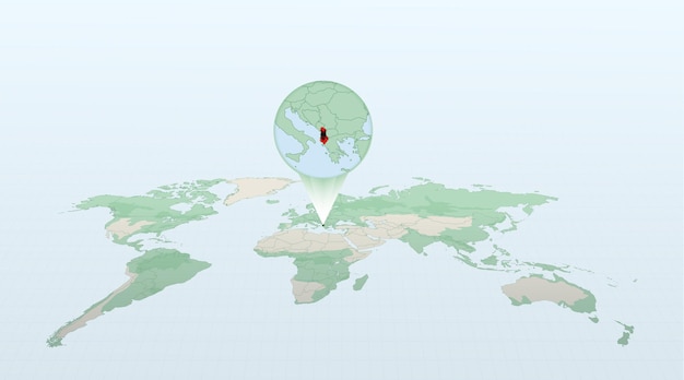 Mapa do mundo em perspectiva mostrando a localização do país albânia com mapa detalhado com bandeira da albânia