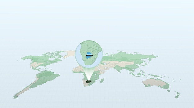 Mapa do mundo em perspectiva mostrando a localização do país Botswana com mapa detalhado com bandeira do Botswana