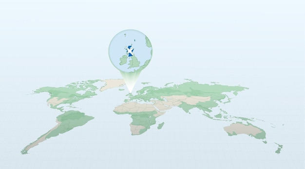 Mapa do mundo em perspectiva mostrando a localização do país escócia com mapa detalhado com bandeira da escócia