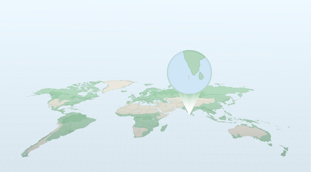 Mapa do mundo em perspectiva mostrando a localização do país maldivas com mapa detalhado com bandeira das maldivas