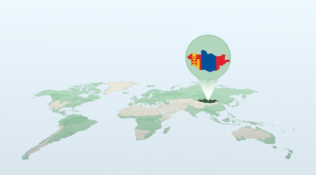 Vetor mapa do mundo em perspectiva mostrando a localização do país mongólia com mapa detalhado com bandeira da mongólia