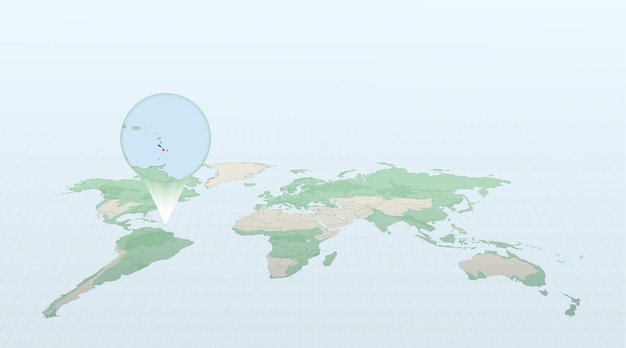 Mapa do mundo em perspectiva mostrando a localização do país são cristóvão e nevis com mapa detalhado com bandeira de são cristóvão e nevis