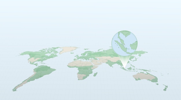 Mapa do mundo em perspectiva mostrando a localização do país singapura com mapa detalhado com bandeira de singapura