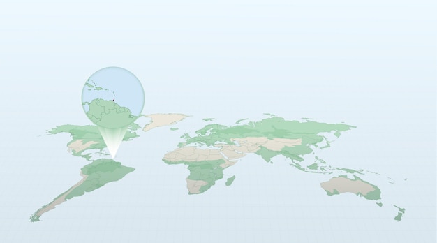 Mapa do mundo em perspectiva mostrando a localização do país trinidad e tobago com mapa detalhado com bandeira de trinidad e tobago