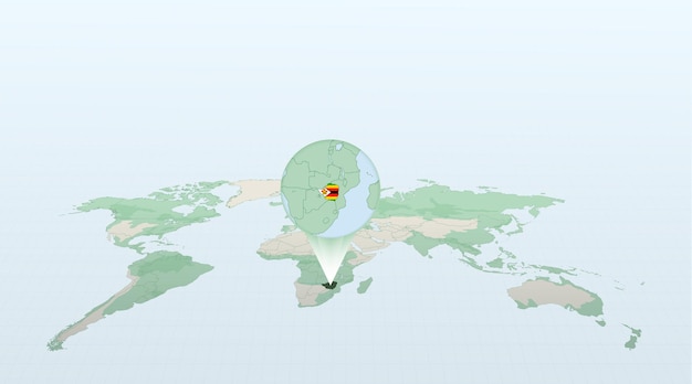 Mapa do mundo em perspectiva mostrando a localização do país Zimbábue com mapa detalhado com bandeira do Zimbábue