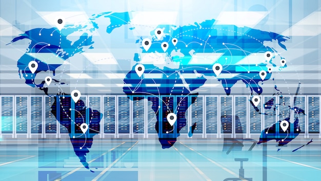 Mapa do mundo sobre a base de dados da informação do computador do servidor da hospedagem do quarto do centro de dados