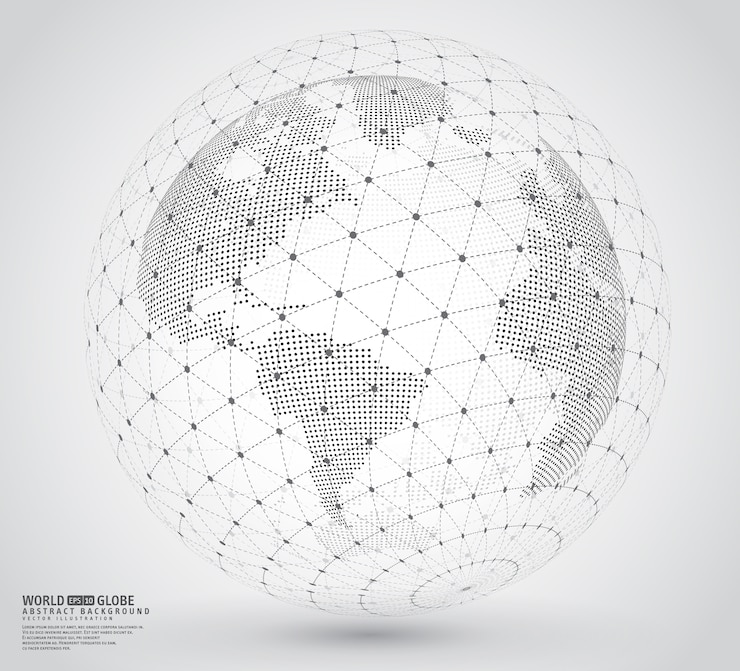 Vetor mapa do mundo tridimensional pontilhada com whare spireframe
