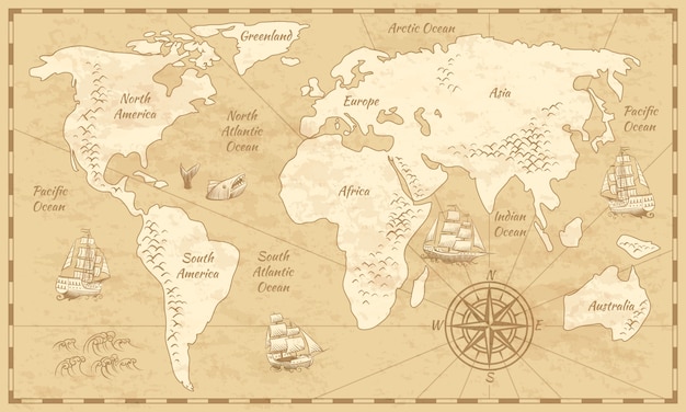 Mapa do mundo vintage. mapa de papel de antiguidade do mundo antigo com continentes oceano mar velho vela fundo globo