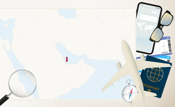 Vetor mapa do qatar e avião de carga de bandeira no mapa detalhado do qatar com bandeira