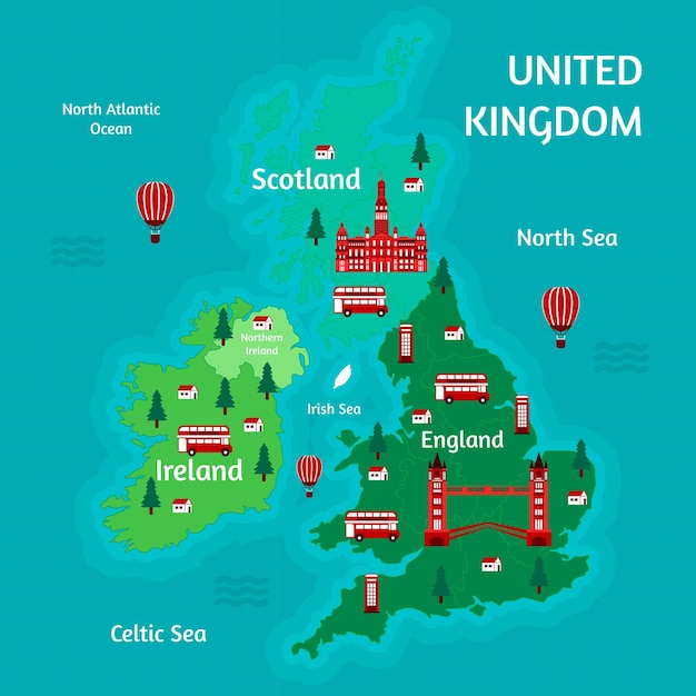 Mapa do reino unido com ilustração de estilo desenhado à mão