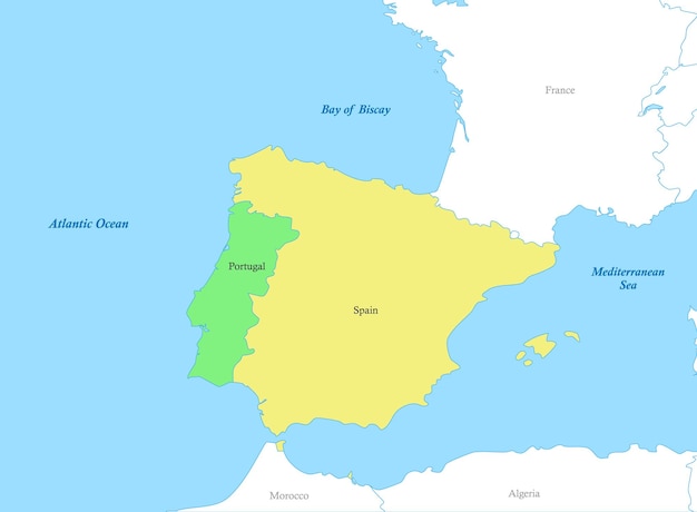 Mapa do sudoeste da europa com fronteiras dos países da península ibérica