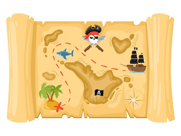 Mapa do tesouro do pirata dos desenhos animados, velho pergaminho de papiro antigo. papiro pergaminho velho pirata aventura tesouro mapa ilustração vetorial. mapa do tesouro de papiro antigo. antigo mapa do antigo pirata