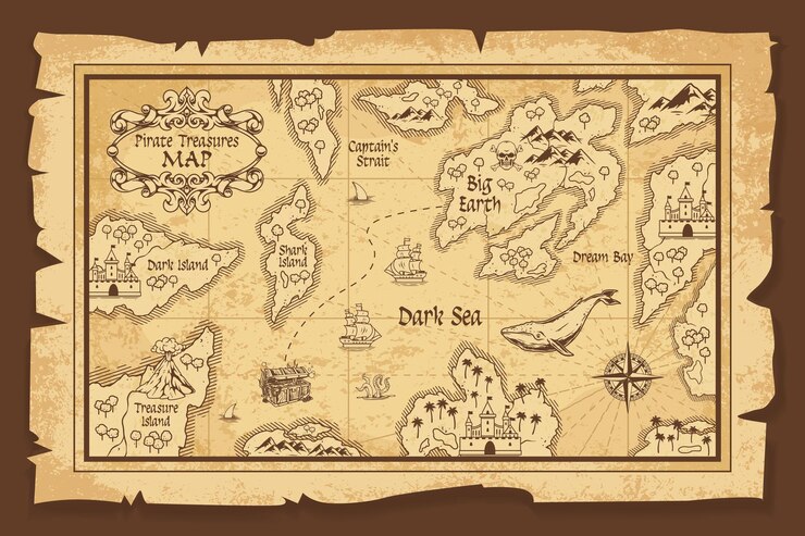 Vetor mapa do tesouro mostrando ilhas e rotas marítimas
