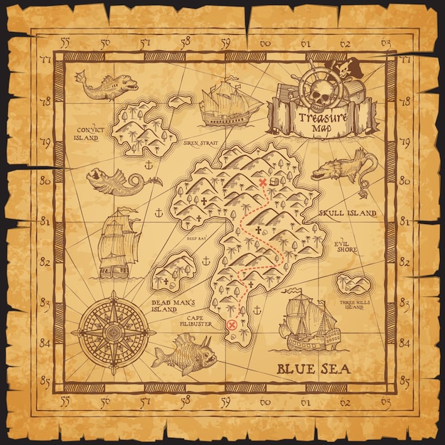 Vetor mapa do tesouro pirata da ilha da caveira desenho vetorial