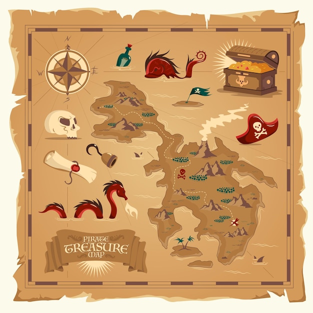 Mapa do tesouro pirata em pergaminho antigo com gancho de mão de caveira, peito de madeira flutuante, elementos de desenho de garrafa ilustração vetorial