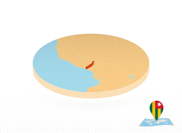 Mapa do togo projetado no mapa de círculo laranja de estilo isométrico