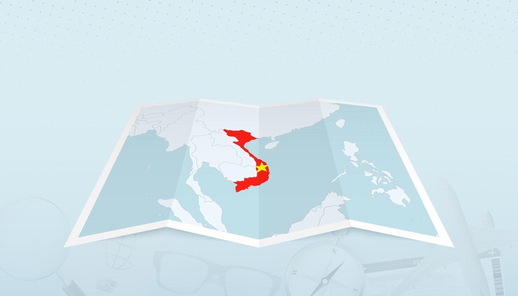 Vetor mapa do vietname com a bandeira do vietname no contorno do mapa em um fundo abstrato de viagem