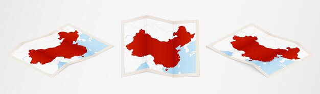 Mapa dobrado da china em três versões diferentes.