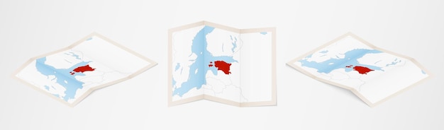 Mapa dobrado da estônia em três versões diferentes.