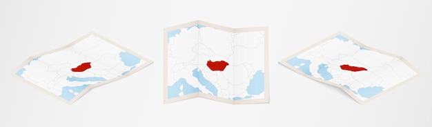 Mapa dobrado da hungria em três versões diferentes.