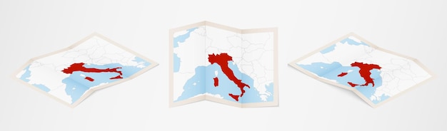 Mapa dobrado da itália em três versões diferentes.