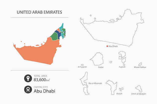 Vetor mapa dos emirados árabes unidos com mapa detalhado do país elementos do mapa das cidades, áreas totais e capitais
