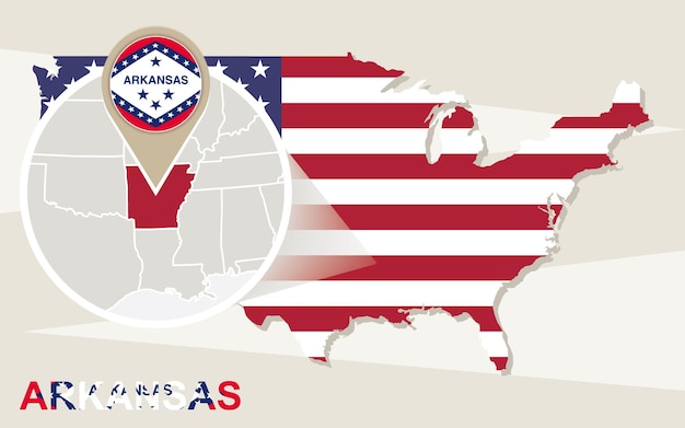 Vetor mapa dos eua com a bandeira e o mapa ampliados do estado de arkansas arkansas