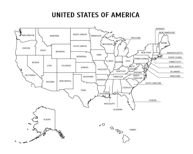 Mapa dos eua com estados cartão poster geografia e cartografia conceito linha fina estilo de design ilustração vetorial