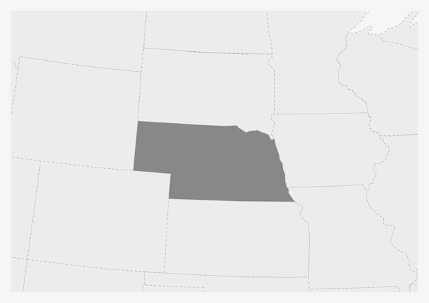 Vetor mapa dos eua com mapa destacado do estado de nebraska