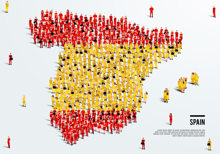 Vetor mapa e bandeira da espanha. um grande grupo de pessoas na cor da bandeira espanhola se forma para criar o mapa. vetor.