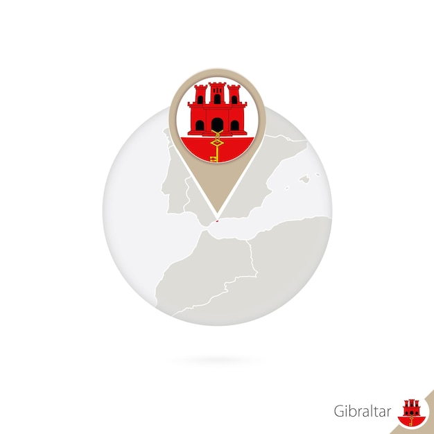 Mapa e bandeira de gibraltar em círculo. mapa de gibralta, pino da bandeira de gibraltar. mapa de gibraltar no estilo do globo. ilustração vetorial.