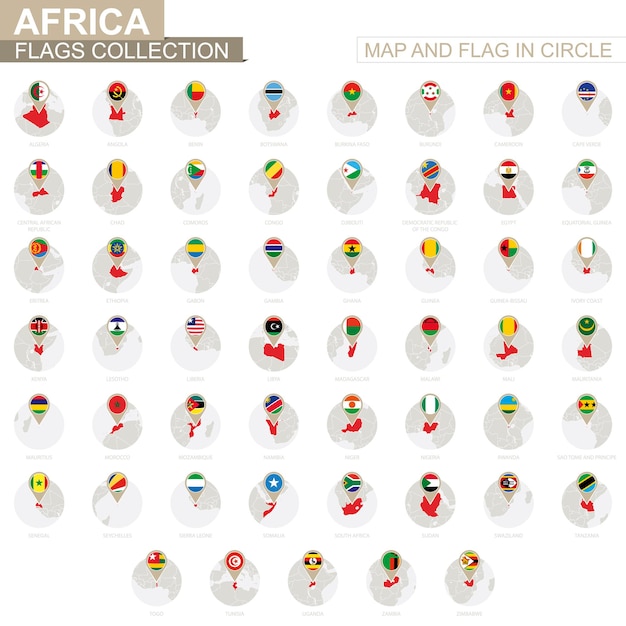 Mapa e bandeira em círculo, coleção de países da áfrica. bandeiras e mapas ordenados alfabeticamente. ilustração vetorial.