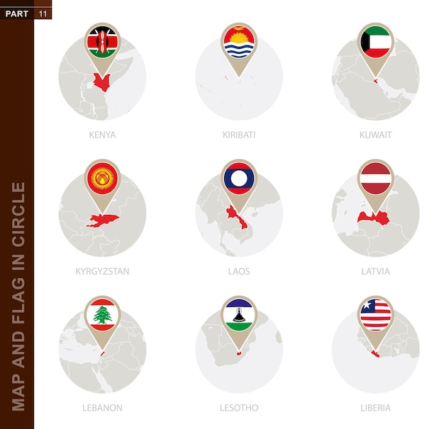 Mapa e bandeira em um círculo de 9 países