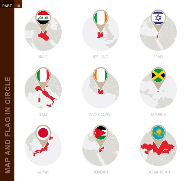 Vetor mapa e bandeira em um círculo de 9 países