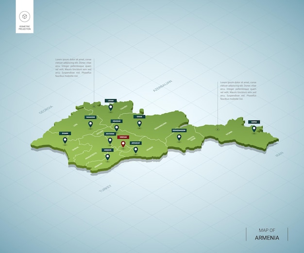 Mapa estilizado da armênia. mapa verde isométrico 3d com cidades, fronteiras, capital yerevan, regiões.