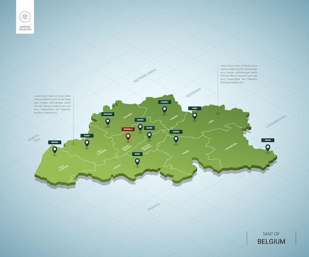 Mapa estilizado da bélgica. mapa verde isométrico 3d com cidades, fronteiras, capital bruxelas, regiões.