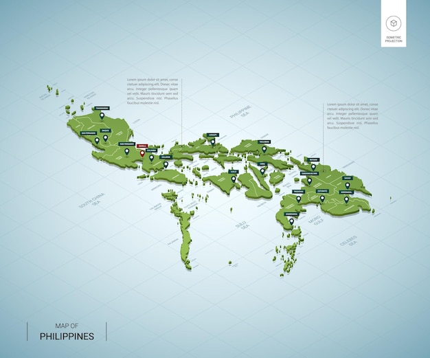 Mapa estilizado das filipinas mapa verde isométrico 3d com cidades, fronteiras, capital manila, regiões