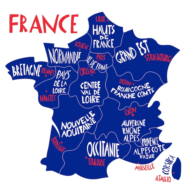 Vetor mapa estilizado desenhado de mão da frança. ilustração de viagens com nomes de regiões, cidades e rios da frança. mão desenhada letras ilustração. elemento do mapa da europa