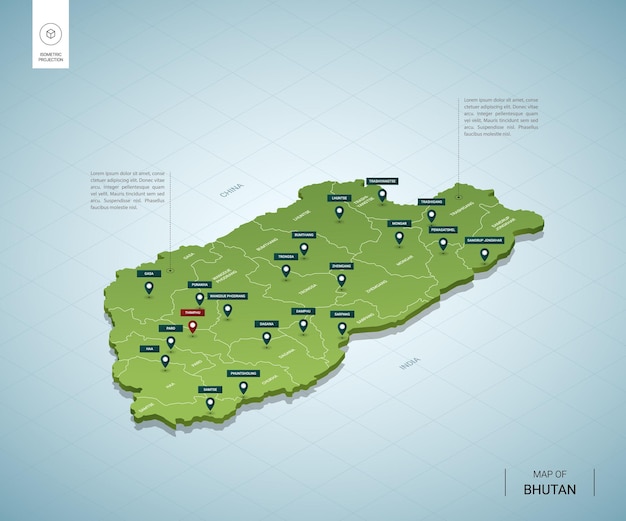 Mapa estilizado do butão. mapa verde isométrico 3d com cidades, fronteiras, capital thimphu, regiões.