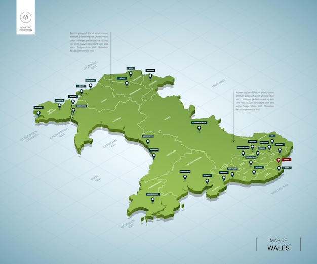 Vetor mapa estilizado do país de gales. mapa verde 3d isométrico com cidades, fronteiras, capital cardiff, regiões.