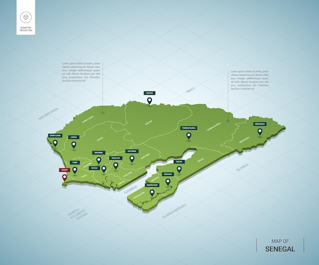 Mapa estilizado do senegal. mapa verde isométrico 3d com cidades, fronteiras, capital dakar, regiões.
