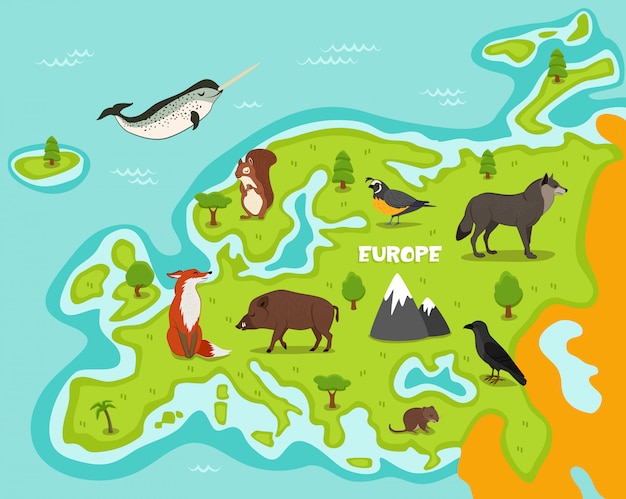 Mapa europeu com animais selvagens