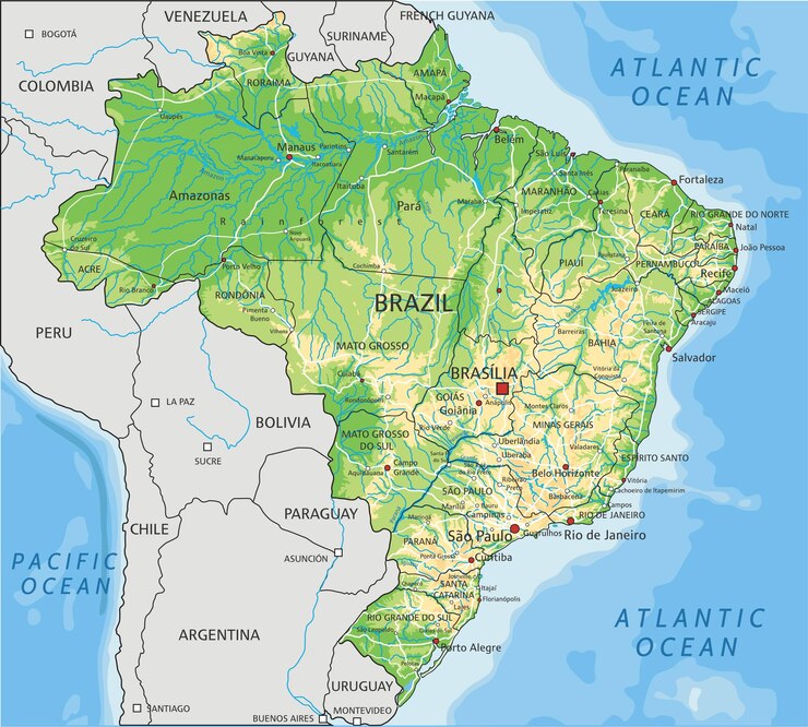 Vetor mapa físico altamente detalhado do brasil com rotulagem