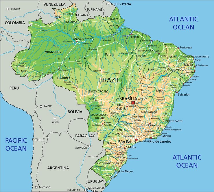 Vetor mapa físico altamente detalhado do brasil com rotulagem