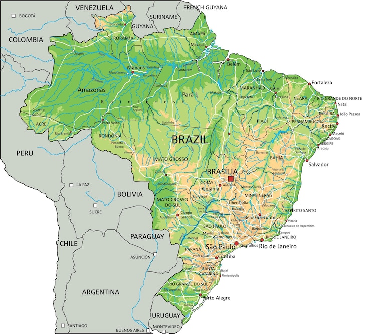 Vetor mapa físico altamente detalhado do brasil com rotulagem