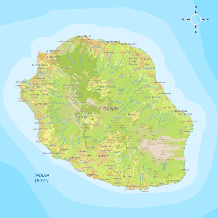 Vetor mapa físico e político detalhado de la reunion