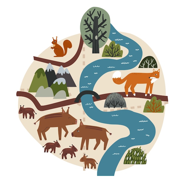 Mapa florestal com animais e caminhos e lagos desenhados em estilo simples pelas mãos vector a ilustração infantil