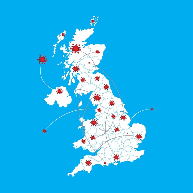 Mapa gráfico vetorial da grã-bretanha e coronavírus