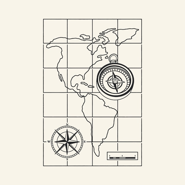 Vetor mapa ilustração mundo gráfico bússola design vintage camiseta desenho simples continente americano